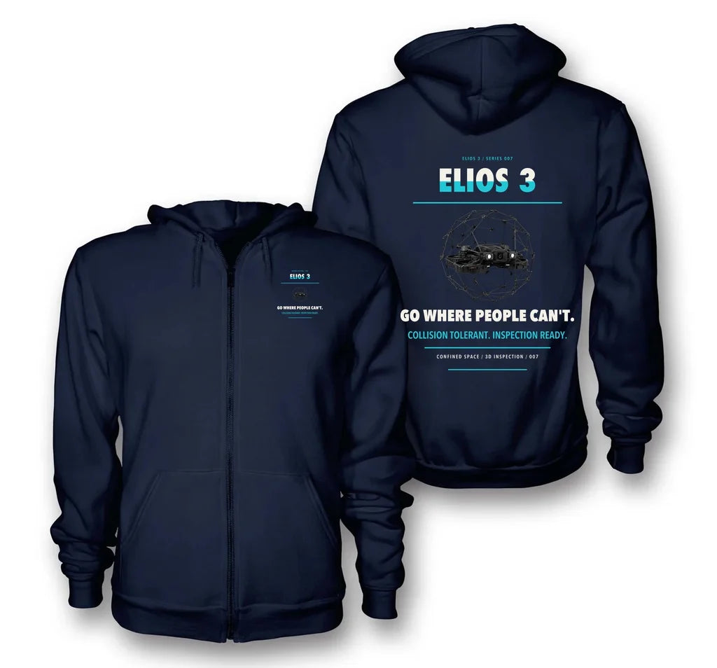 Flyability Elios 3 design on navy blue zipped hoodie