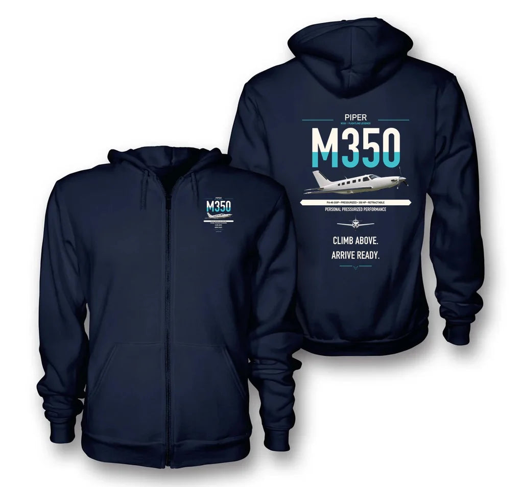 Piper M350 design on navy blue premium zipped hoodie, double-side print