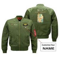 Thumbnail for Kos Island International Airport (KGS) design on green bomber jacket with custom name patch