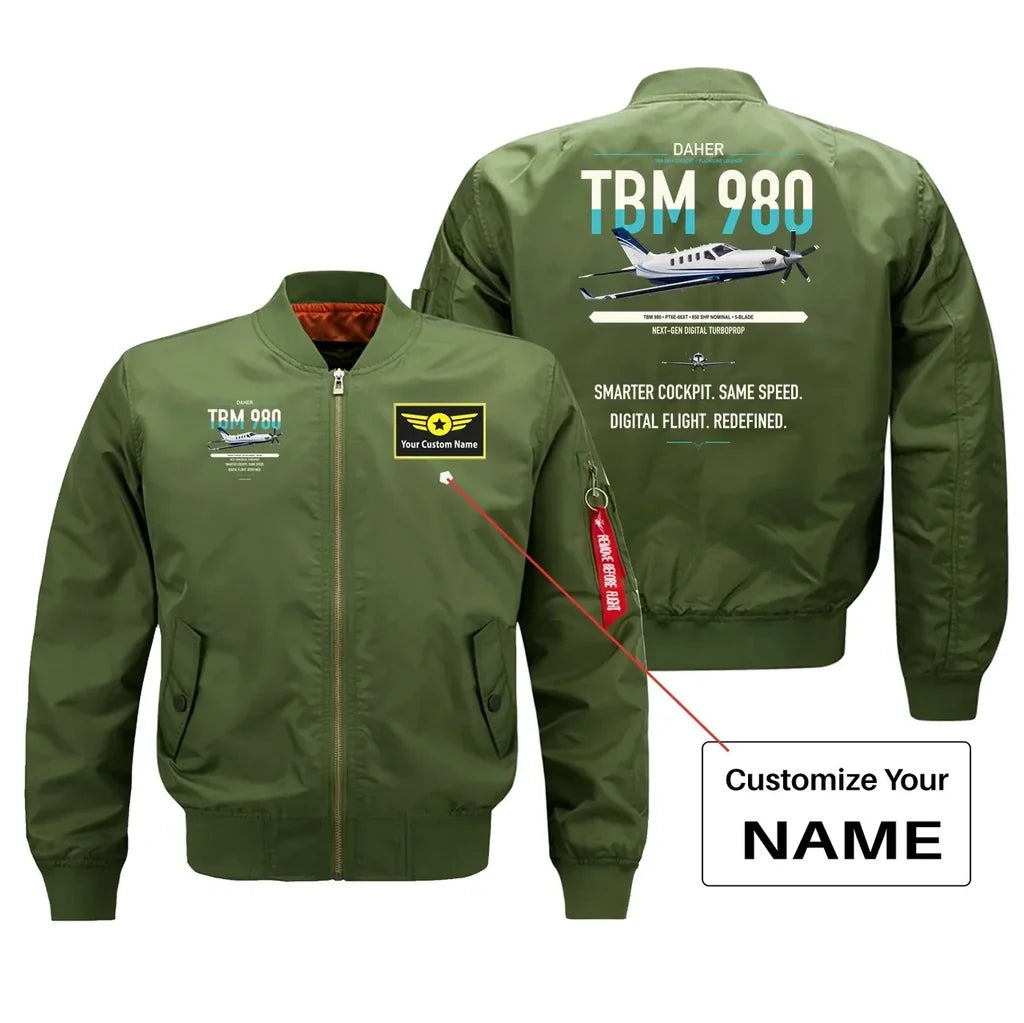Daher TBM 980 design on green+name bomber jacket, double-side print