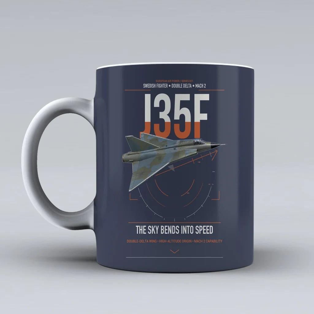 Saab J 35F Draken design on dark blue ceramic mug, double-side print