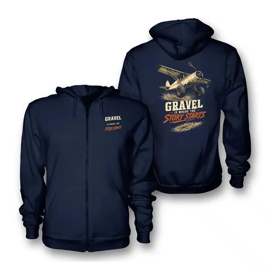 SIGNAL 585 - Gravel Is Where The Story Starts - Zipped Hoodie design on navy blue zipped hoodie