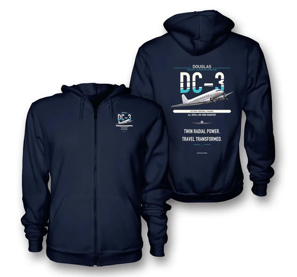Douglas DC-3 design on navy blue premium zipped hoodie, double-side print