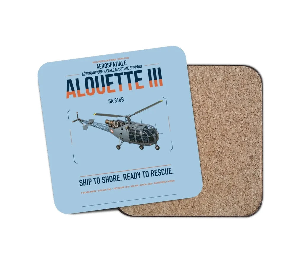 Aérospatiale SA 316B Alouette III design on light blue 1 piece coaster