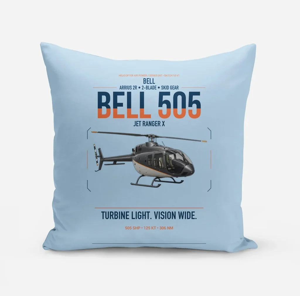 Bell 505 Jet Ranger X design on light blue pillow