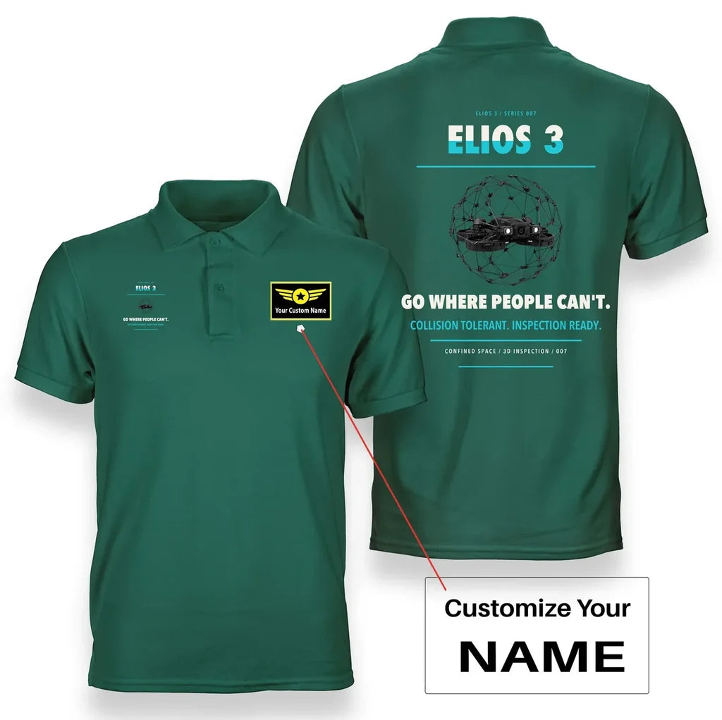 Flyability Elios 3 design on green polo with custom name badge