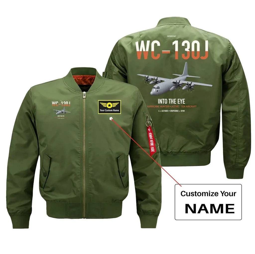 WC-130J Hurricane Hunter design on green+name bomber jacket, double-side print