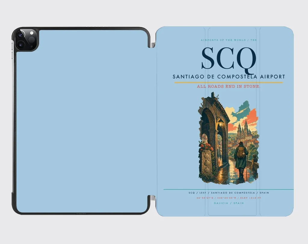 Santiago de Compostela Airport (SCQ) design on light blue ipad tablet case