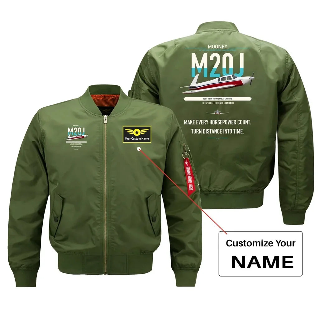 Mooney M20J 201 design on green+name bomber jacket, double-side print