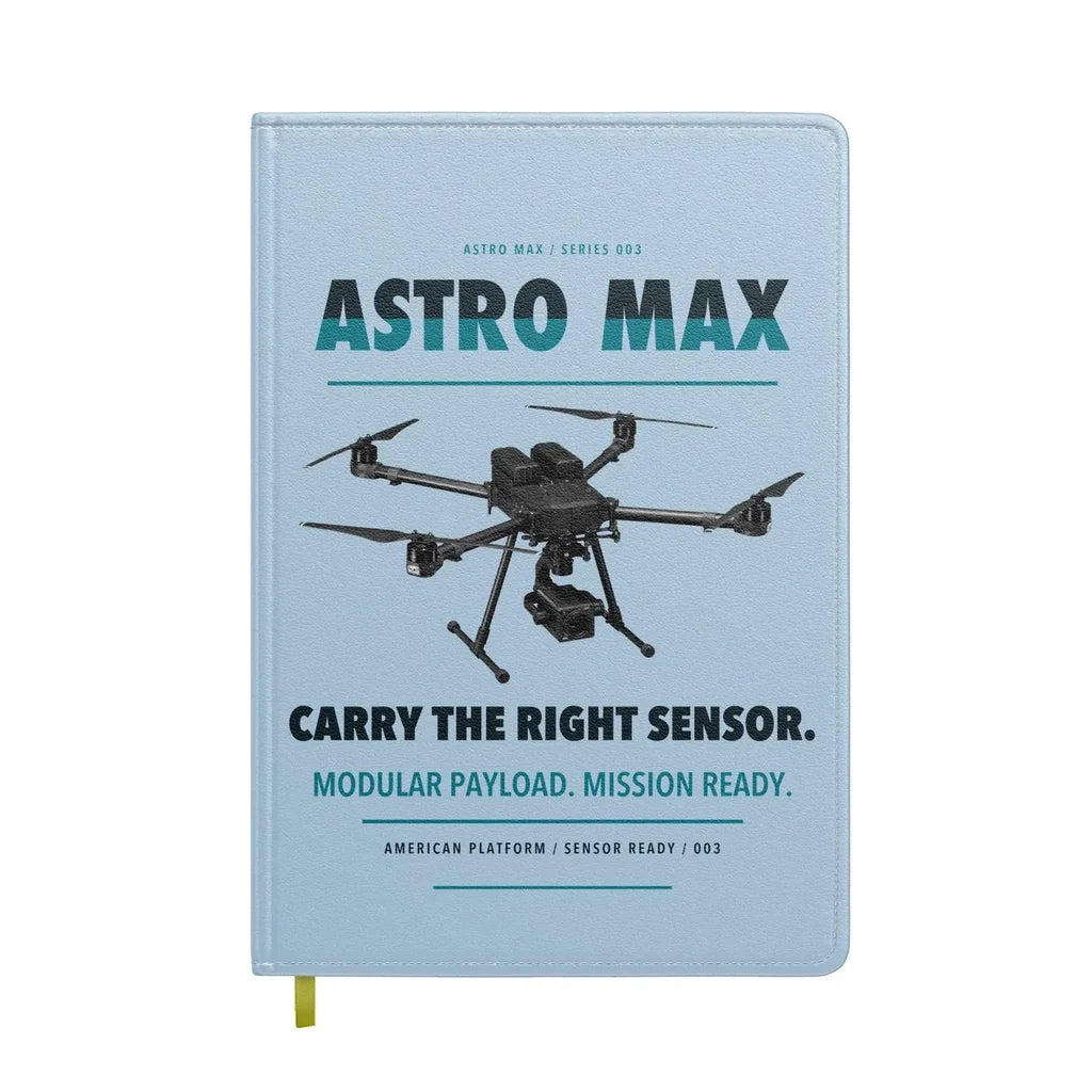 Freefly Astro Max design on light blue notebook