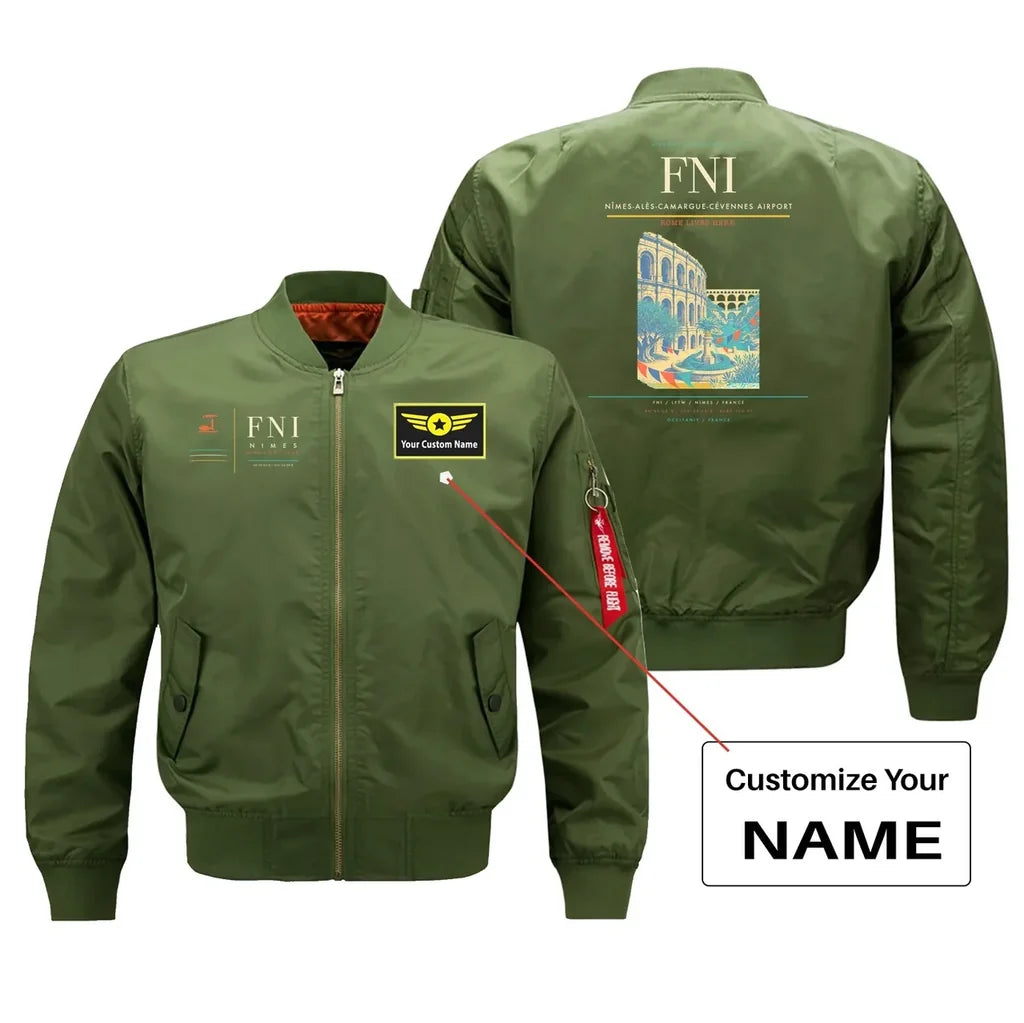Nîmes-Alès-Camargue-Cévennes Airport (FNI) design on green bomber jacket with custom name patch