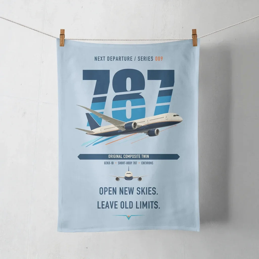 Boeing 787-8 Dreamliner design on light blue towel
