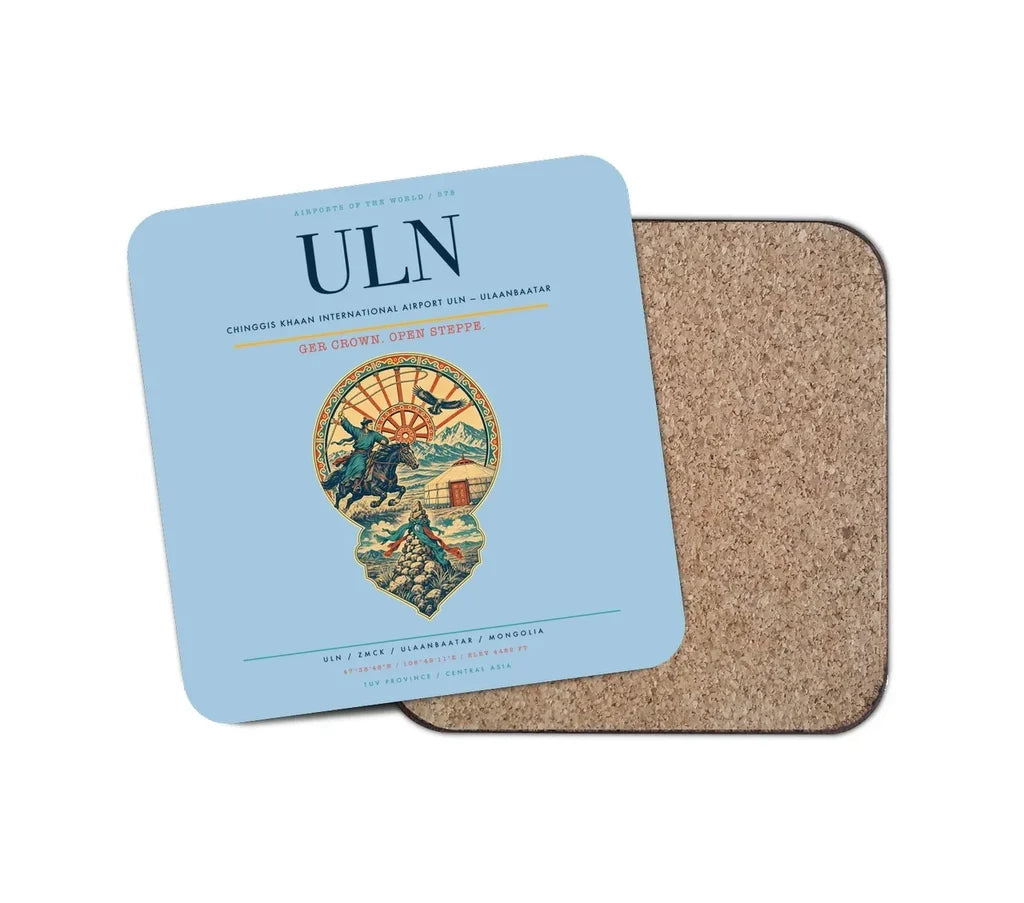 Chinggis Khaan International Airport (ULN) design on light blue 1 piece coaster