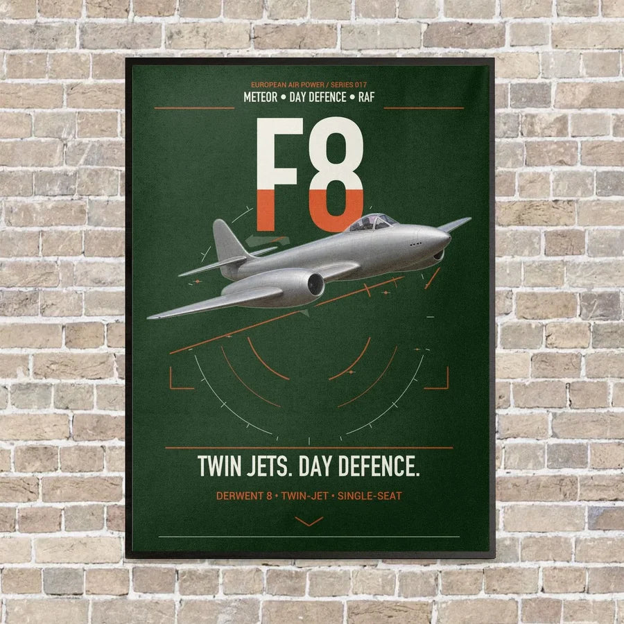 Gloster Meteor F8 vertical canvas print - framed - dark green background