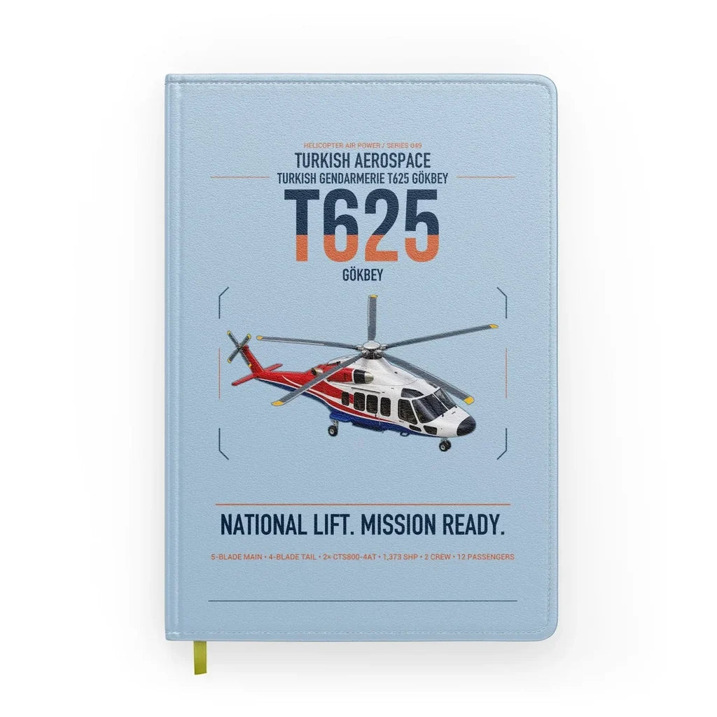 Turkish Aerospace T625 Gökbey design on light blue notebook