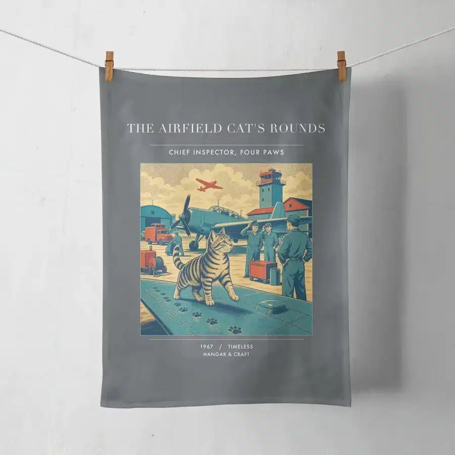 VINTAGE G4456 - The Airfield Cat's Rounds - Designed Towels design on gray