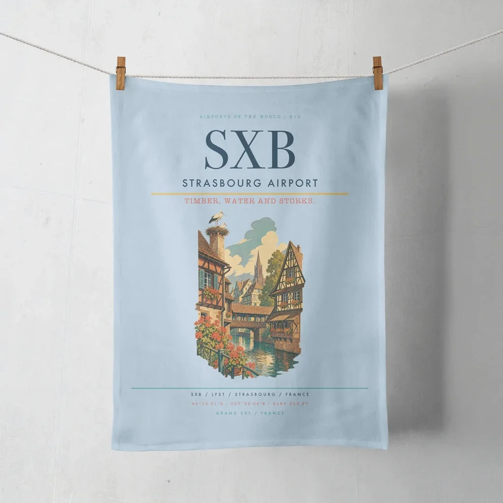 Strasbourg Airport (SXB) design on light blue towel