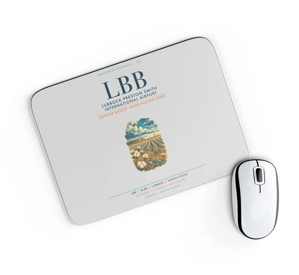 Lubbock Preston Smith International Airport (LBB) design on light gray rectangle mouse pad