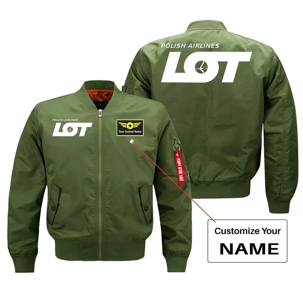 LOT Polish Airlines aviation design with custom name embroidered on green bomber jacket