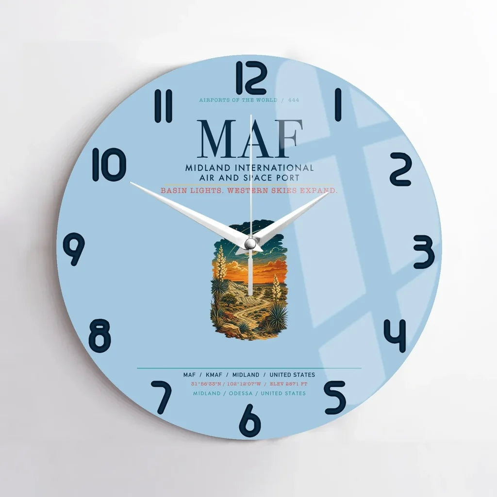 Midland International Air and Space Port (MAF) design on light blue no frame wall clock