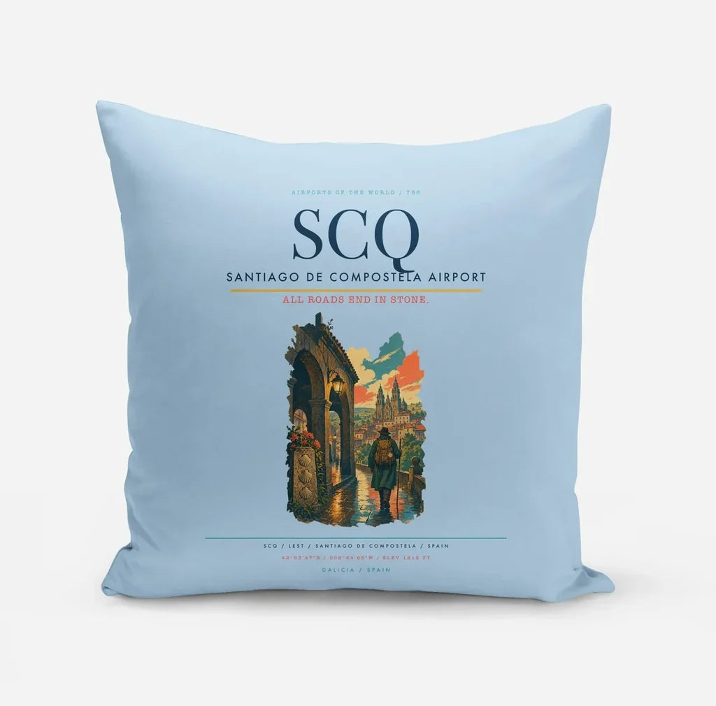 Santiago de Compostela Airport (SCQ) design on light blue pillow