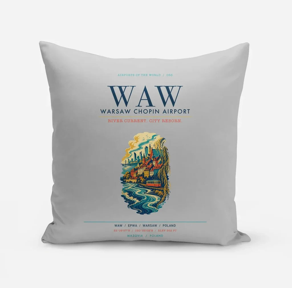 Warsaw Chopin Airport (WAW) design on light gray pillow
