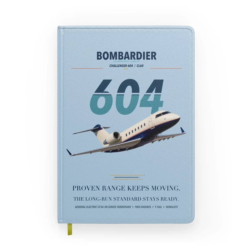 Bombardier Challenger 604 design on light blue notebook