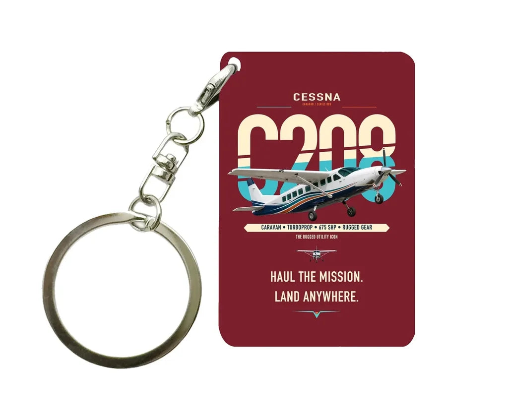 Cessna 208 Caravan design on dark red designed key chain, double-side print