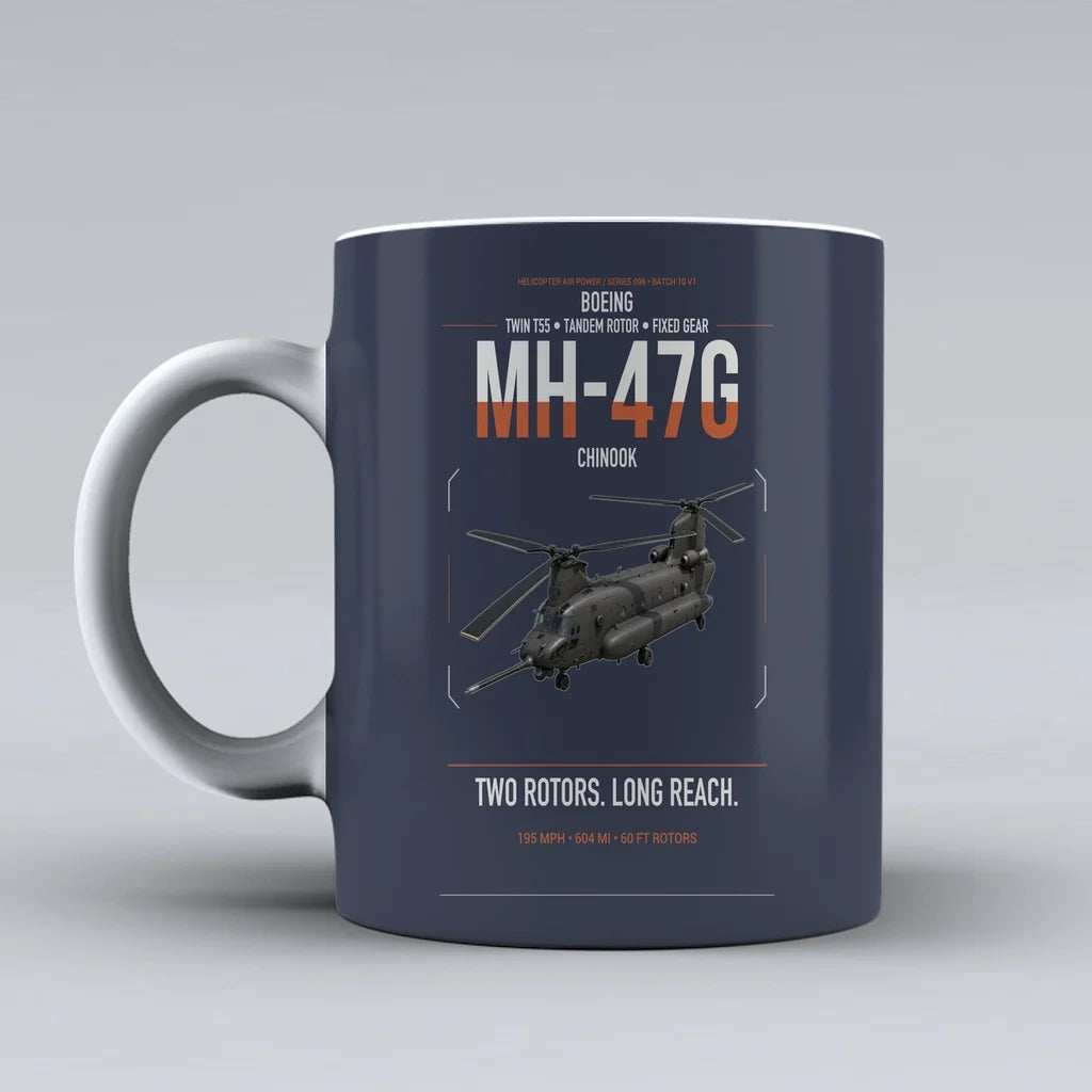 Boeing MH-47G Chinook design on dark blue ceramic mug, double-side print