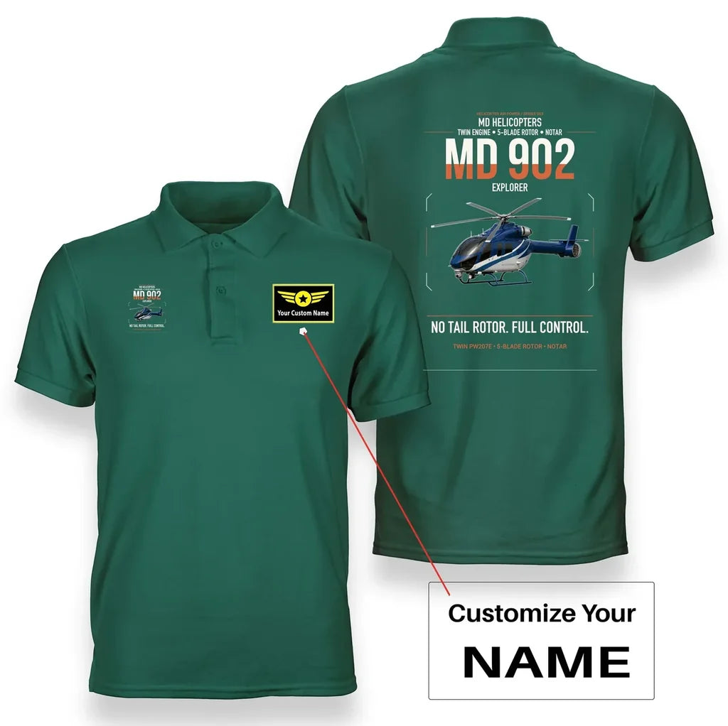 MD Helicopters MD 902 Explorer design on green+name double-side polo t-shirt, double-side print