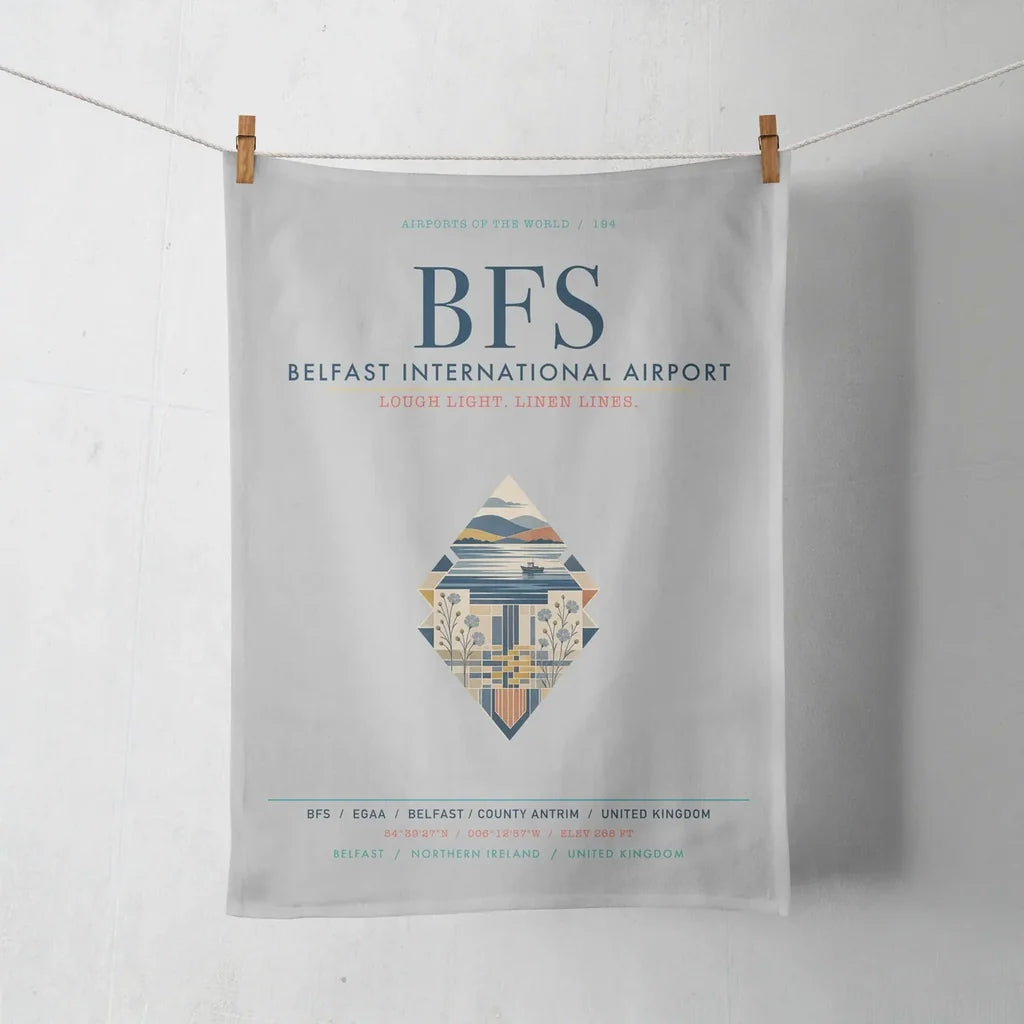 Belfast International Airport (BFS) design on light gray towel