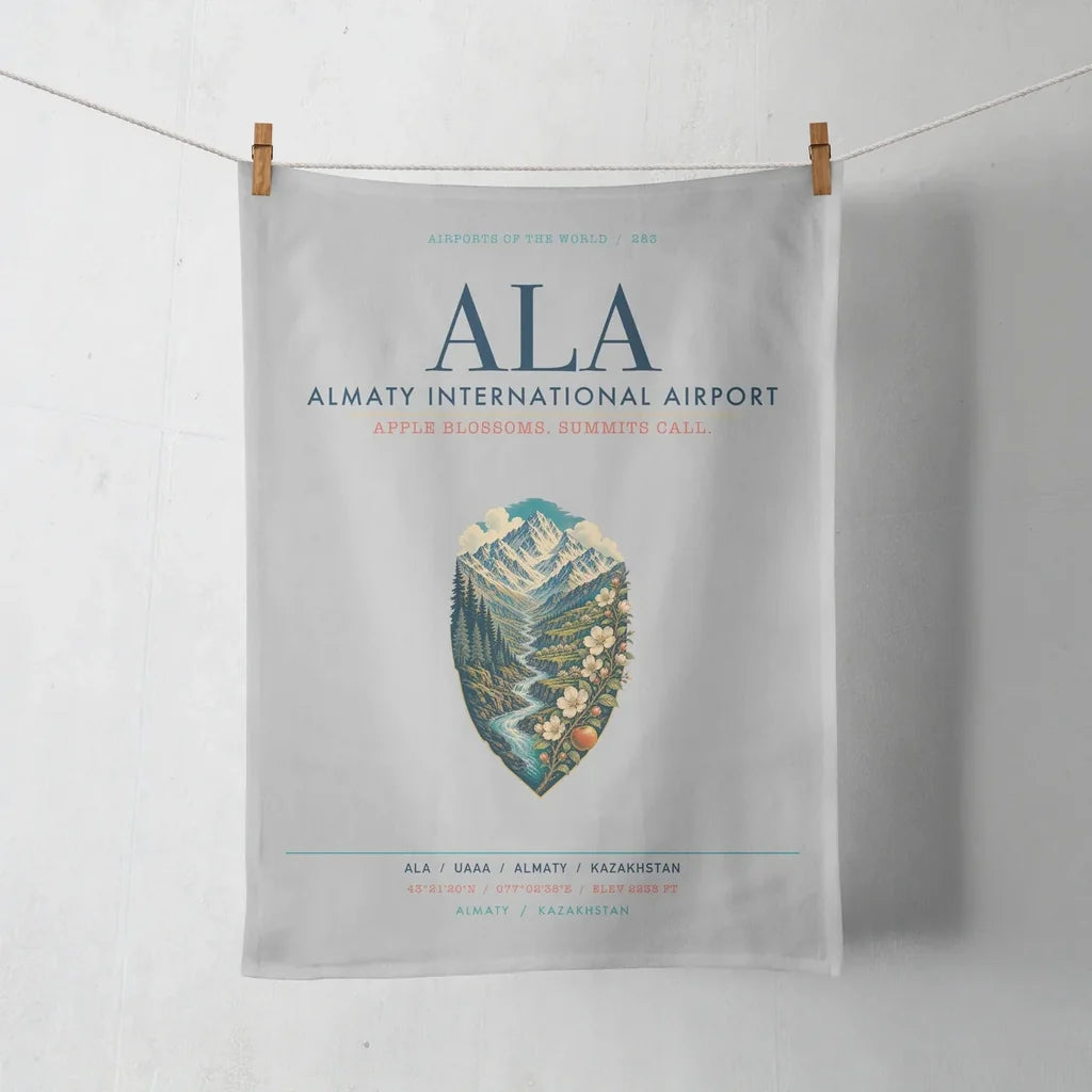 Almaty International Airport (ALA) design on light gray towel