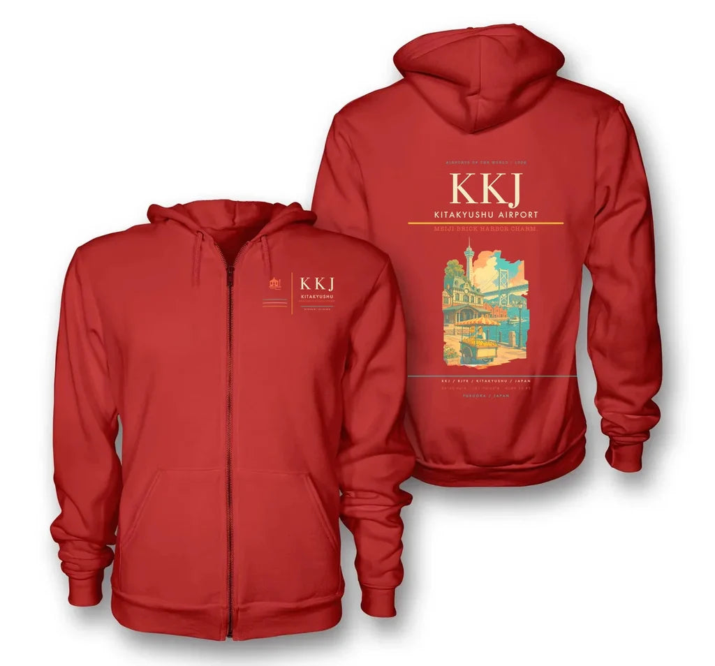 Kitakyushu Airport (KKJ) design on red premium zipped hoodie