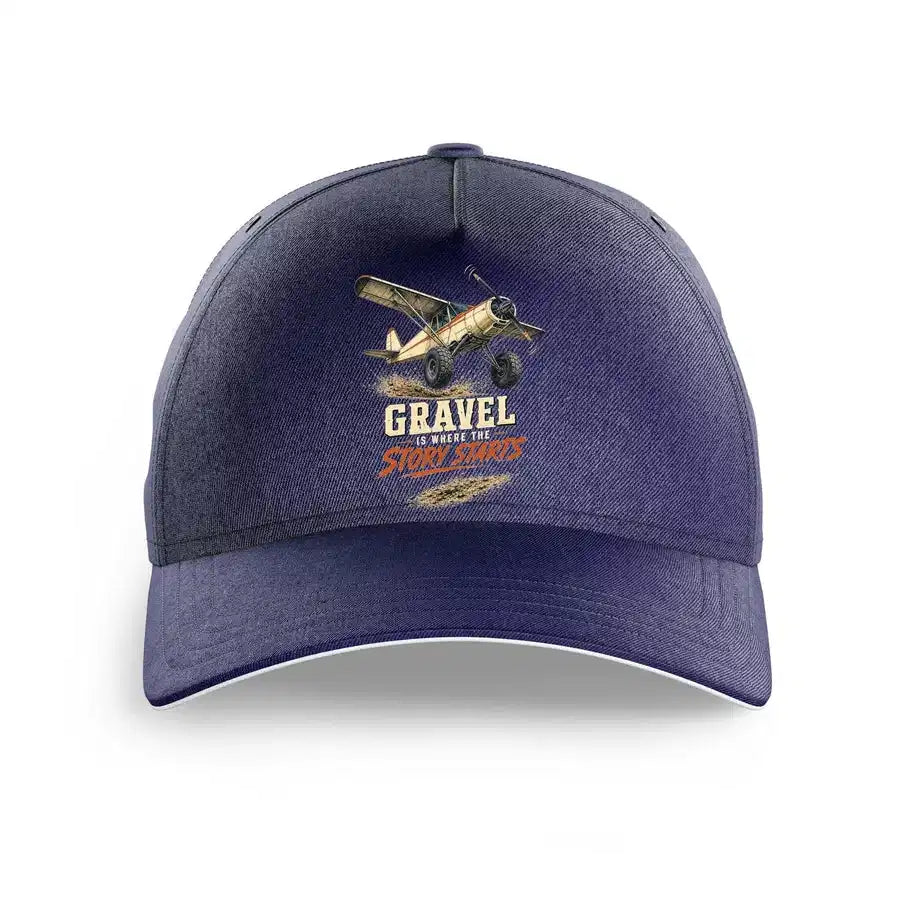 Gravel Is Where The Story Starts design on dark blue printed hat