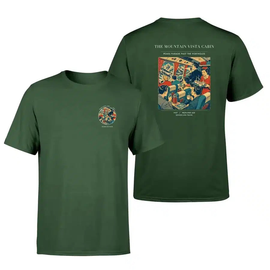 VINTAGE G4224 - The Mountain Vista Cabin - Double-Side T-Shirt design on darkgreen double side t shirt