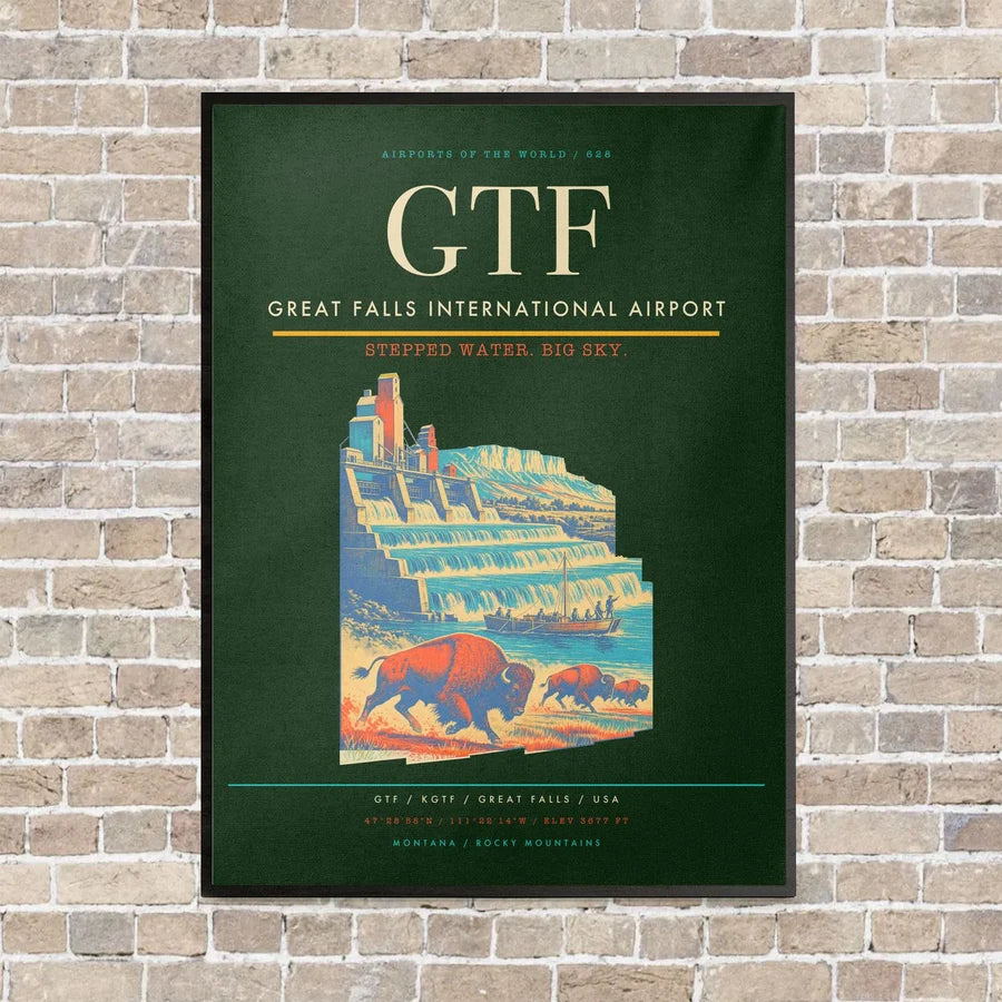Great Falls International Airport GTF vertical canvas print - framed - dark green background