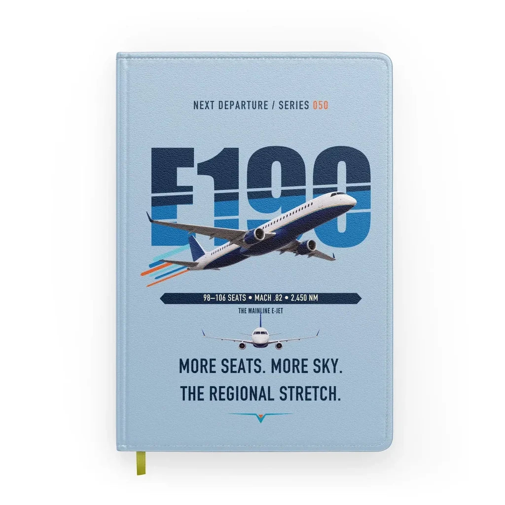 Embraer E190 design on light blue notebook