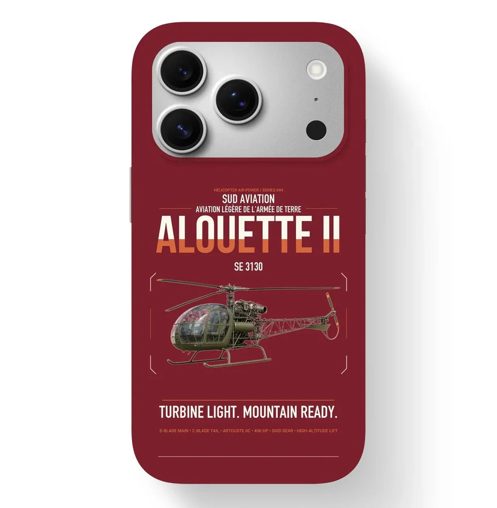 Sud Aviation SE 3130 Alouette II design on dark red magsafe iphone case, for iPhone 17 Pro