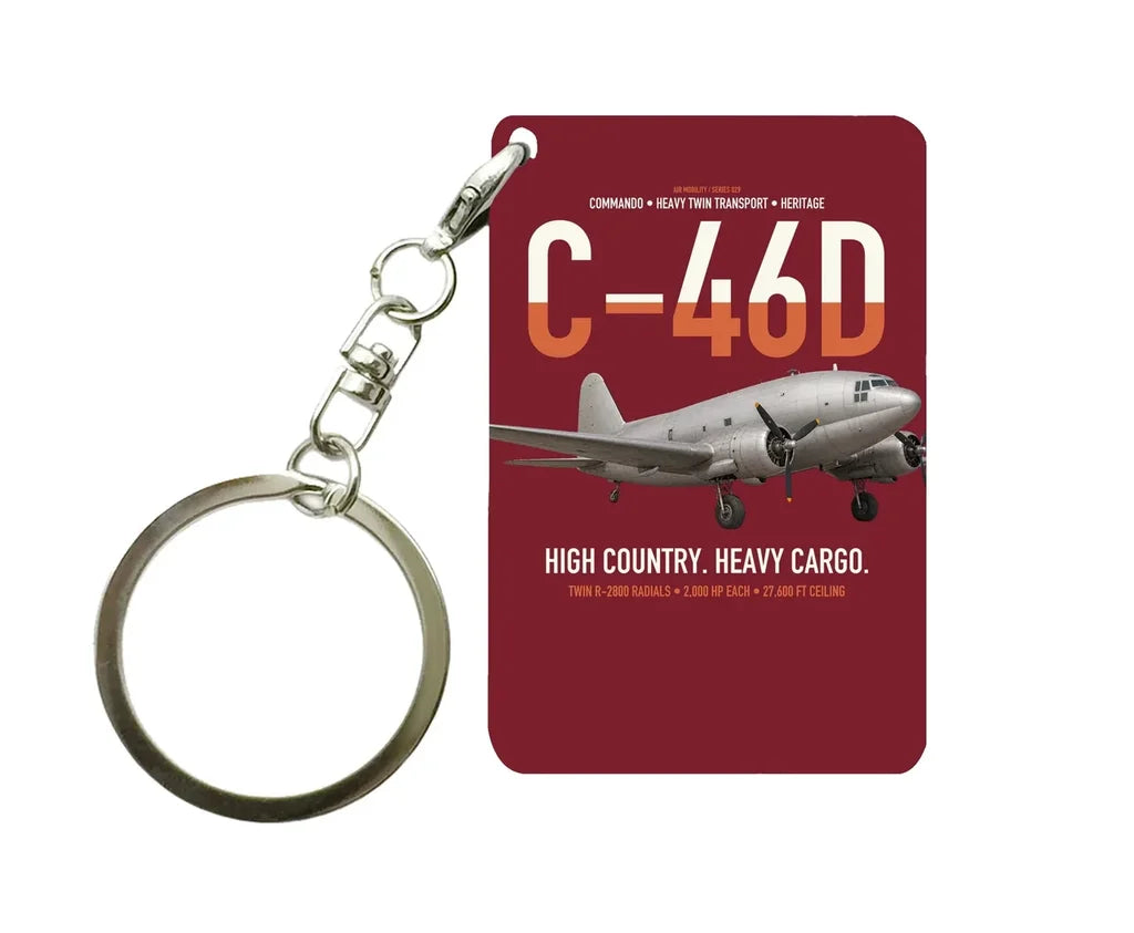 C-46D Commando design on dark red designed key chain, double-side print