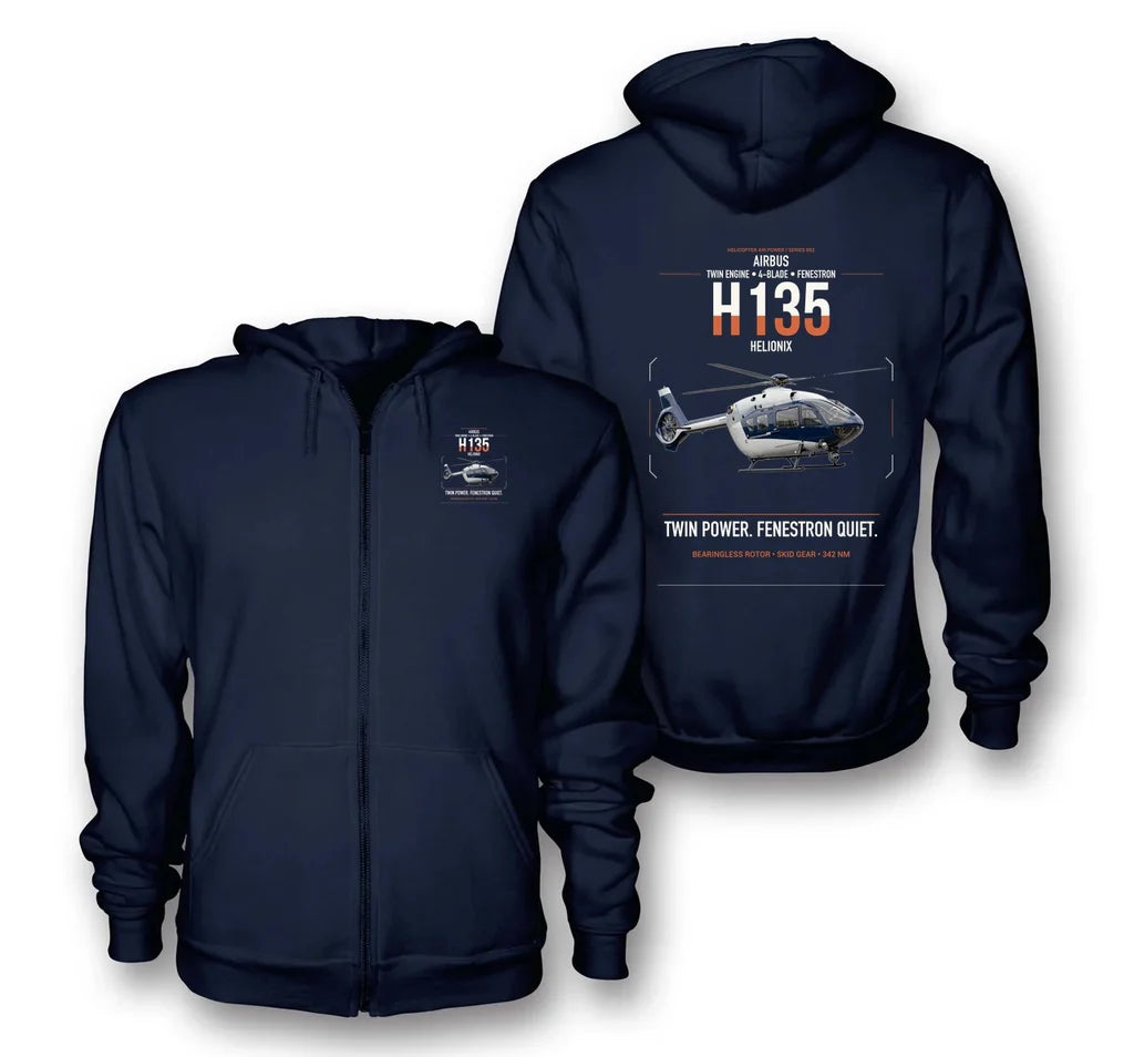 Airbus H135 design on navy blue premium zipped hoodie, double-side print