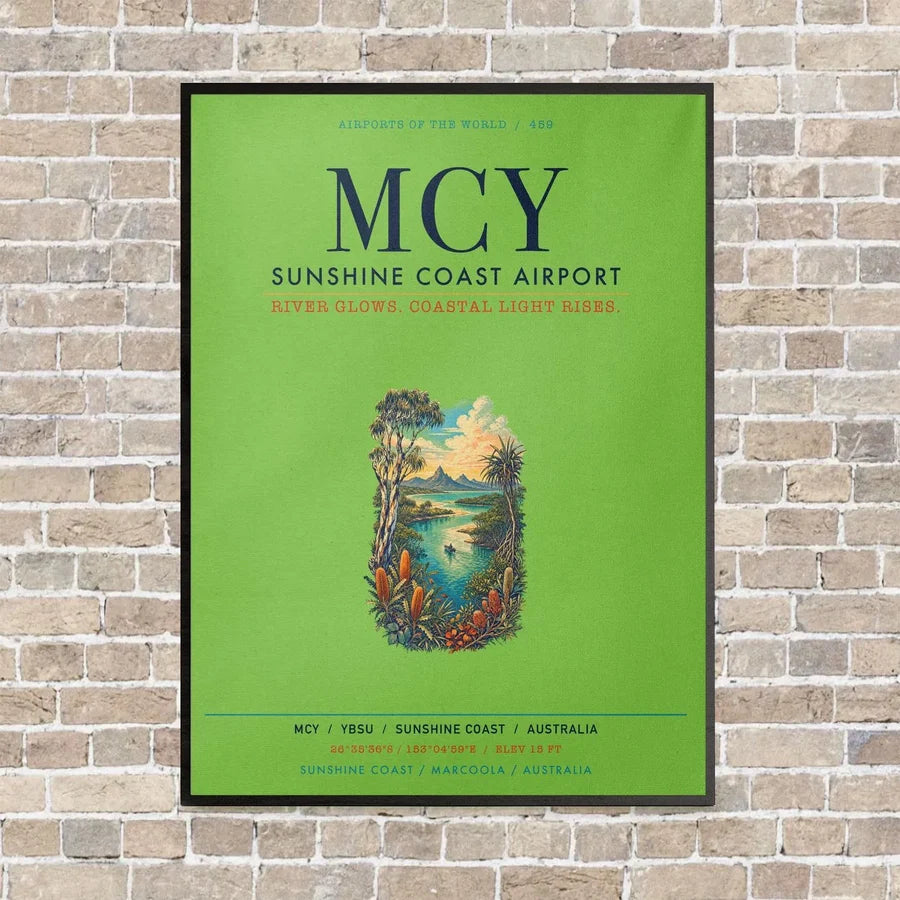 Sunshine Coast Airport MCY vertical canvas print - framed - light green background
