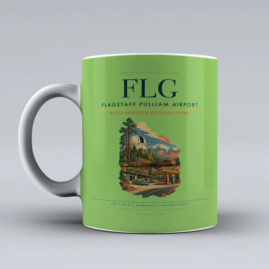 Flagstaff Pulliam Airport (FLG) airport code design on light green ceramic mug