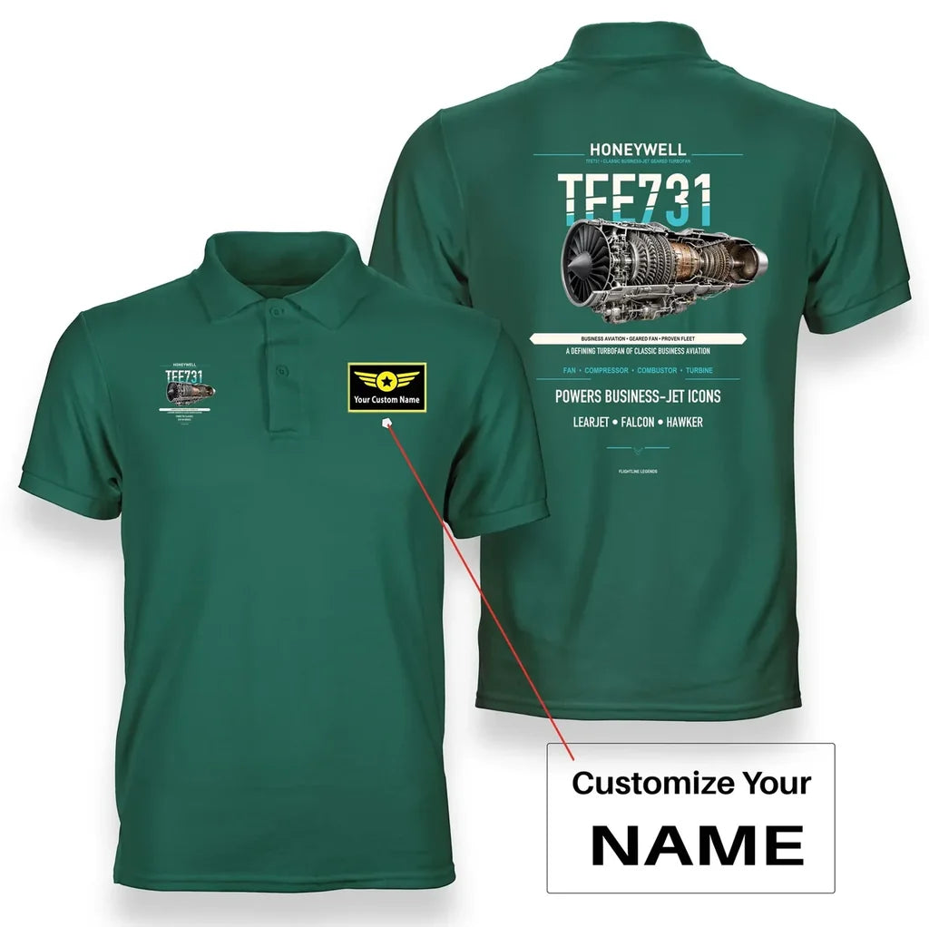 TFE731 design on green polo with custom name badge