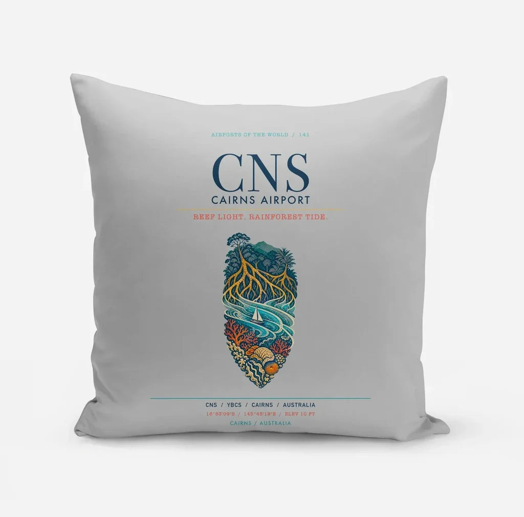 Cairns Airport (CNS) design on light gray pillow