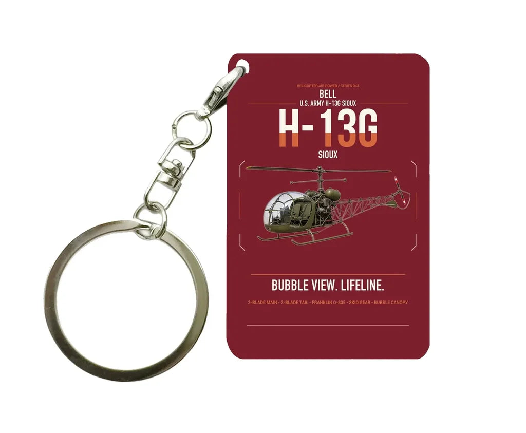 Bell H-13G Sioux design on dark red designed key chain, double-side print