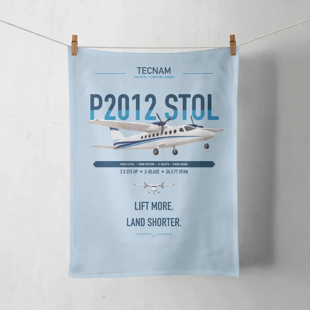 Tecnam P2012 STOL design on light blue towel