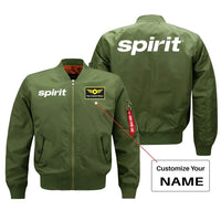 Thumbnail for Spirit Airlines aviation design with custom name embroidered on green bomber jacket