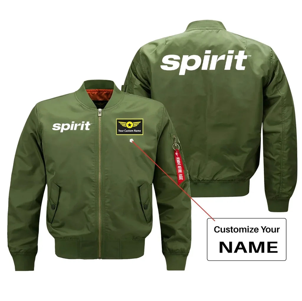 Spirit Airlines aviation design with custom name embroidered on green bomber jacket