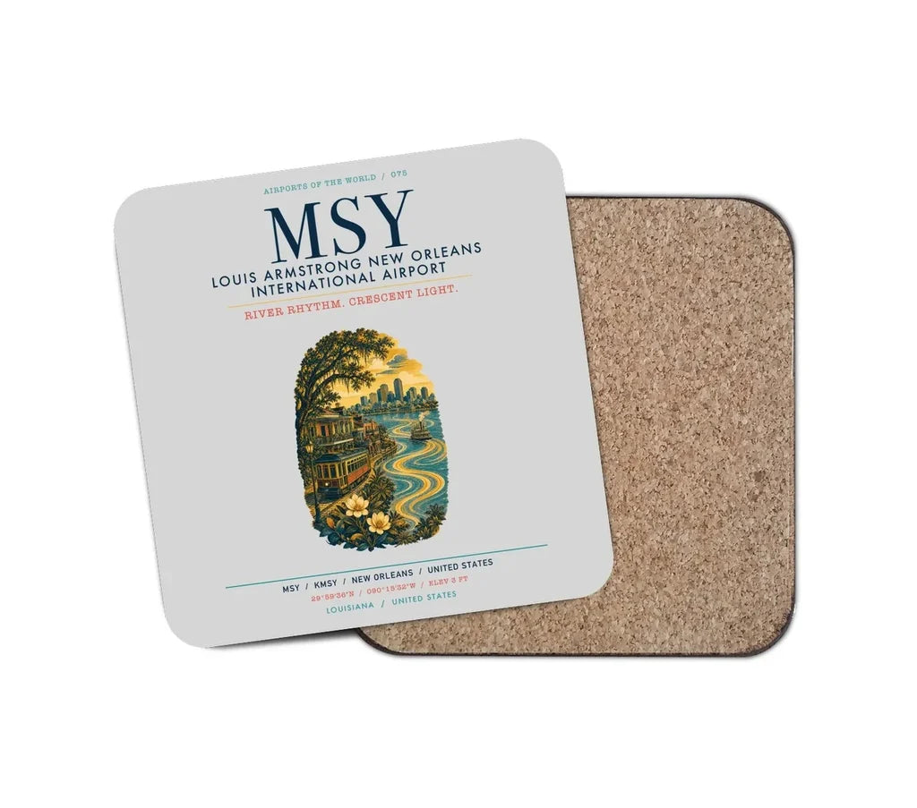Louis Armstrong New Orleans International Airport (MSY) design on light gray 1 piece coaster