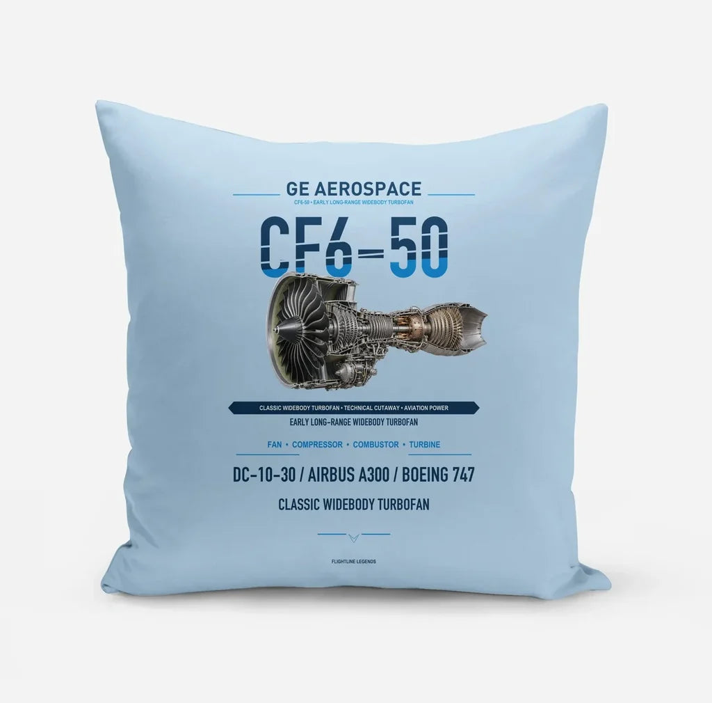 CF6-50 design on light blue pillow